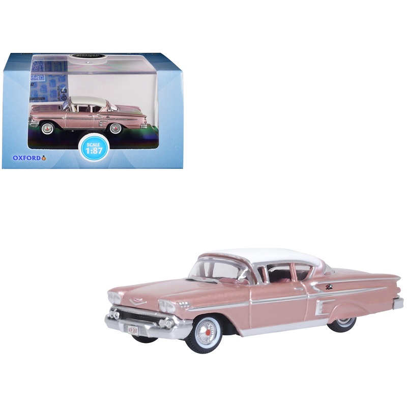 1958 Chevrolet Impala Sport Cay Coral Pink Metallic with White Top 1/87 (HO) Scale Diecast Model Car by Oxford Diecast