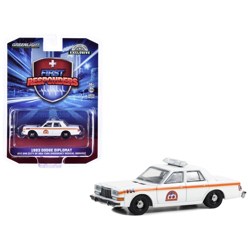 1983 Dodge Diplomat “NYC EMS (City of New York Emergency Medical Service)” White with Orange Stripes “First Responders – Hobby Exclusive” Series 1/64 Diecast Model Car by Greenlight