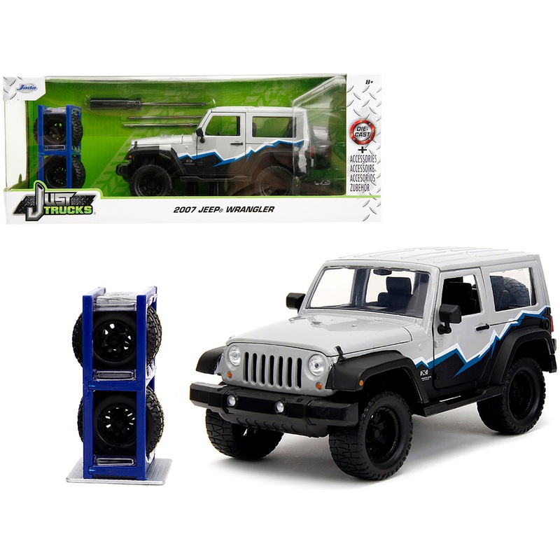 2007 Jeep Wrangler Gray and Black with Blue and White Stripes with Extra Wheels “Just Trucks” Series 1/24 Diecast Model Car by Jada
