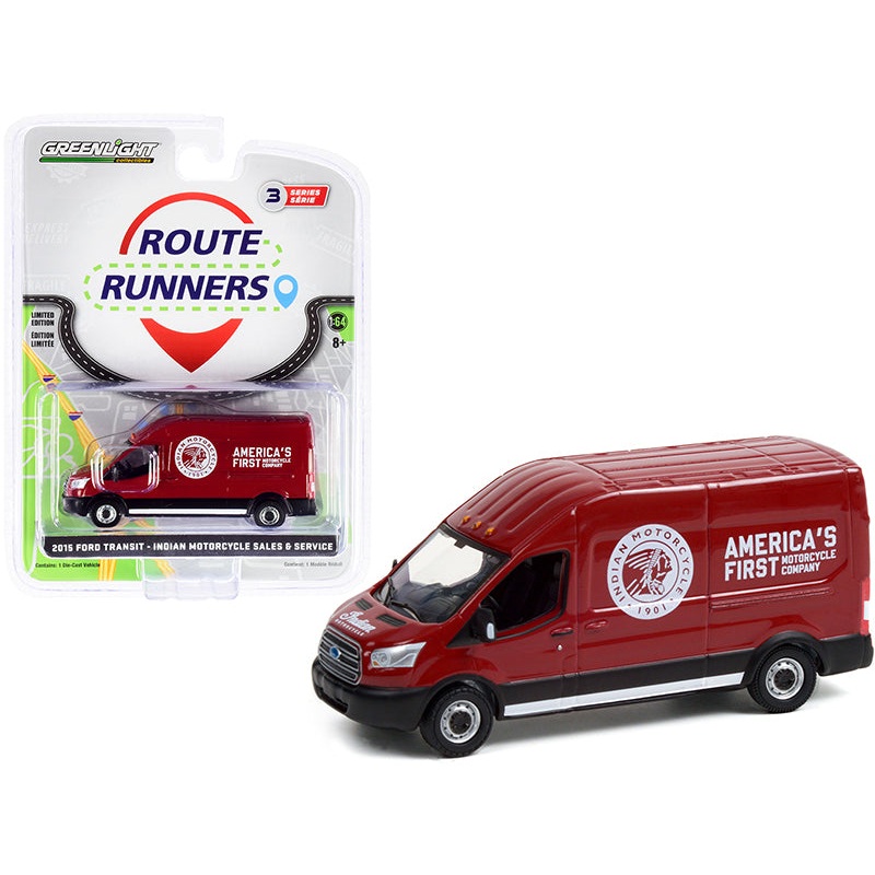 2015 Ford Transit LWB High Roof Van Burgundy “Indian Motorcycle Sales & Service” “Route Runners” Series 3 1/64 Diecast Model by Greenlight