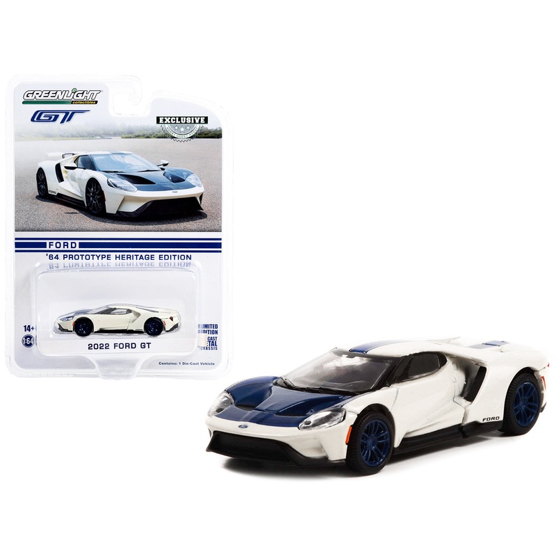 2022 Ford GT “1964 Prototype Heritage Edition” White Metallic with Blue Hood and Stripe “Hobby Exclusive” Series 1/64 Diecast Model Car by Greenlight