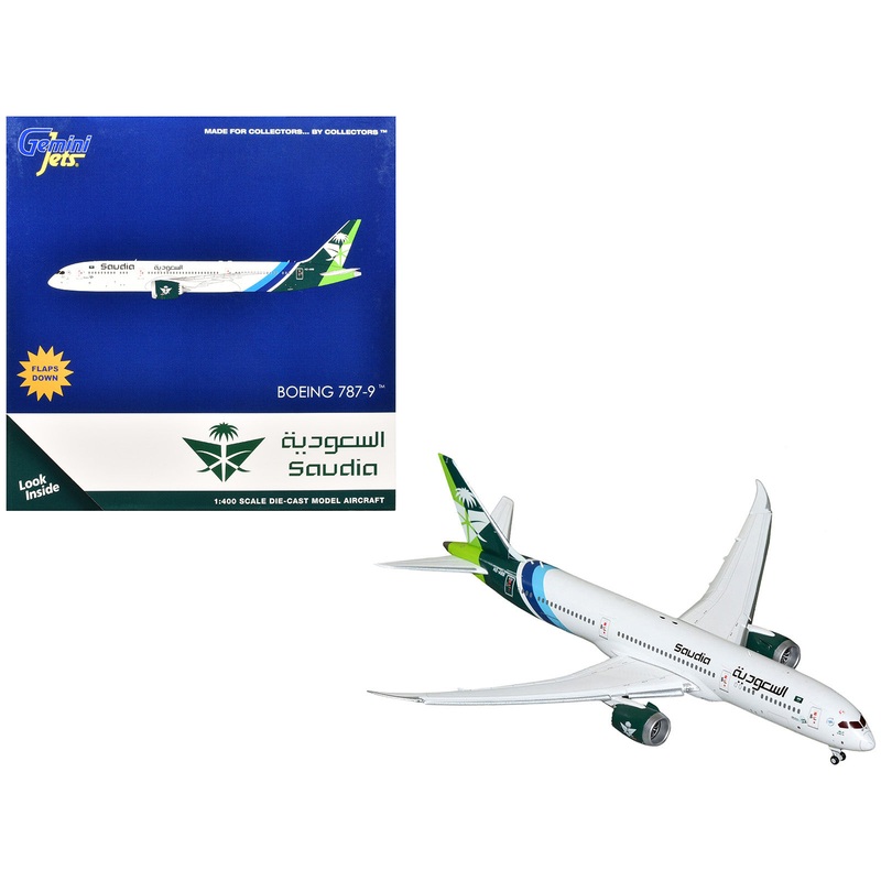 Boeing 787-9 Commercial Aircraft with Flaps Down “Saudia Airline” (HZ-ARB) White with Tail Graphics 1/400 Diecast Model Airplane by GeminiJets