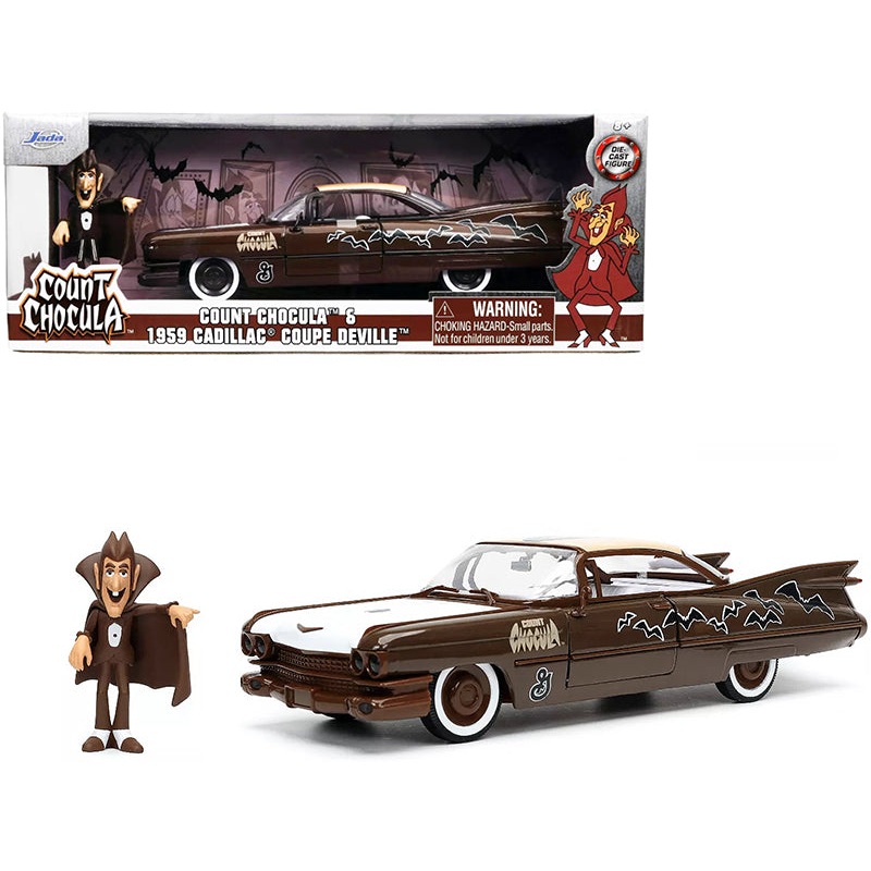1959 Cadillac Coupe DeVille Brown and White with Graphics and Count Chocula Diecast Figurine “Hollywood Rides” Series 1/24 Diecast Model Car by Jada