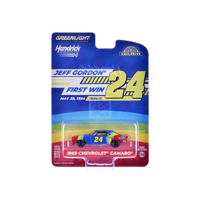 1969 Chevrolet Camaro #24 “Jeff Gordon – Hendrick Motorsports First Win Tribute” Blue and Red with Stripes “Hobby Exclusive” Series 1/64 Diecast Model Car by Greenlight