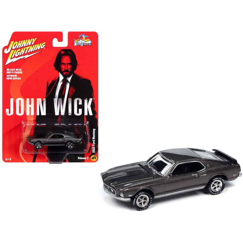 1969 Ford Mustang Mach I Gray Metallic with Black Stripes “John Wick” (2014) Movie “Pop Culture” 2024 Release 2 1/64 Diecast Model Car by Johnny Lightning