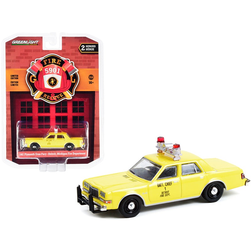 1982 Plymouth Gran Fury Yellow “Detroit Fire Department Battalion Chief #1” (Michigan) “Fire & Rescue” Series 2 1/64 Diecast Model Car by Greenlight
