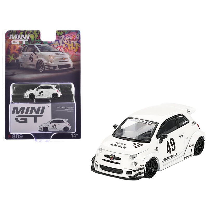 ABARTH 595 #49 “LB-Works x Abas Works” Gara White Limited Edition 1/64 Diecast Model Car by Mini GT