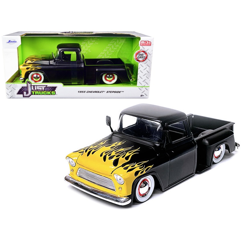 1955 Chevrolet Stepside Pickup Truck Matt Black with Yellow Flames “Just Trucks” Series 1/24 Diecast Model Car by Jada