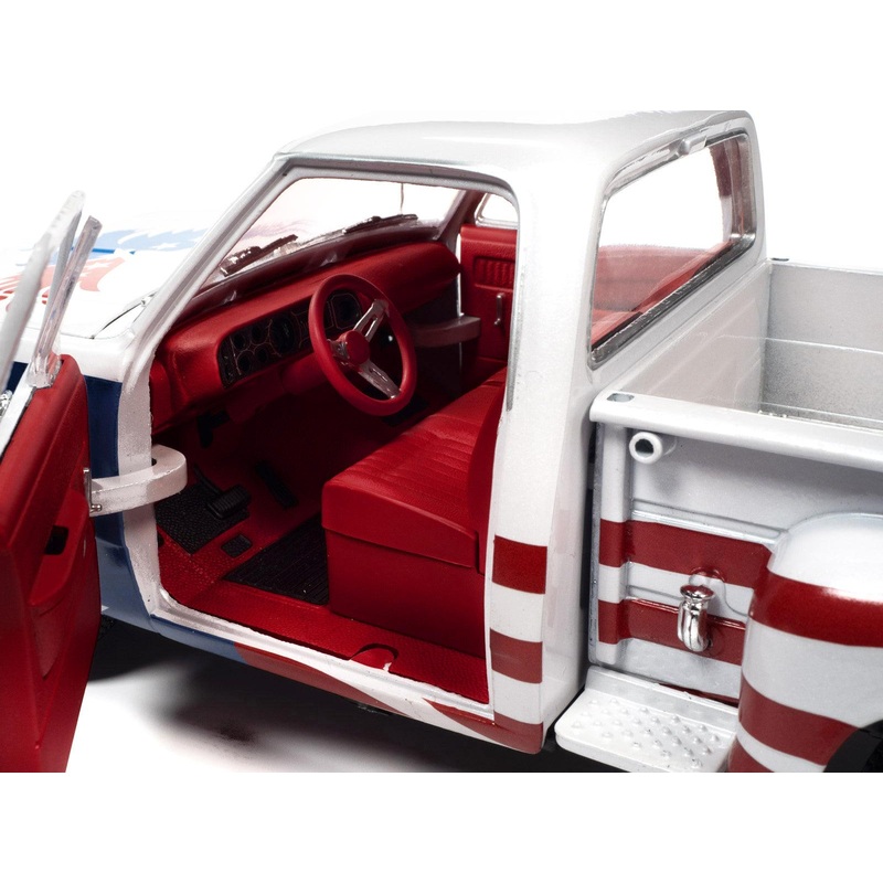 1980 Dodge D150 Adventurer Pickup Truck White with American Flag Graphics and Red Interior 1/18 Diecast Model Car by Auto World