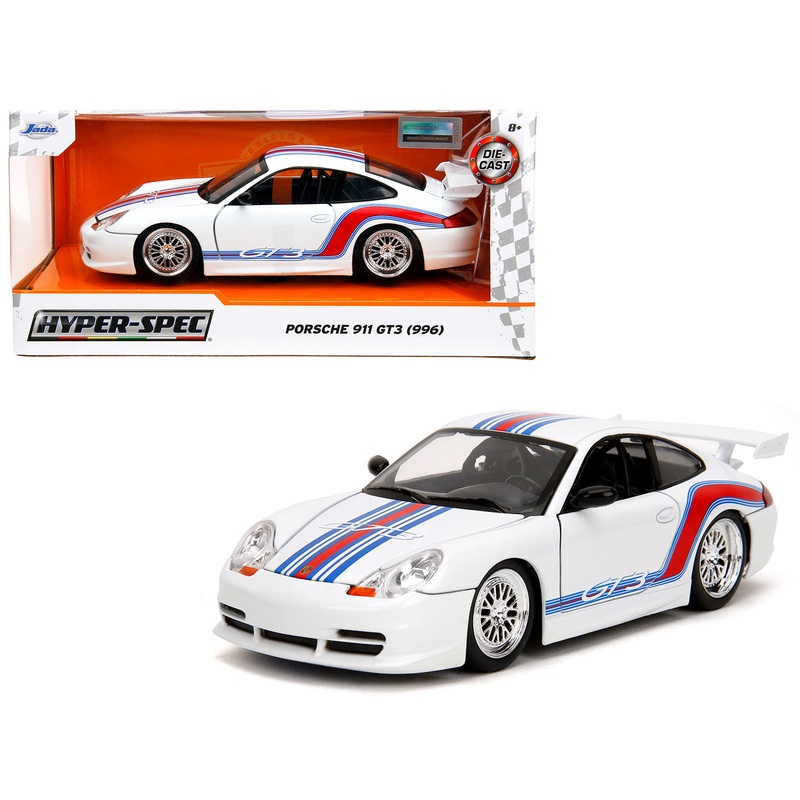 Porsche 911 GT3 (996) White with Red and Blue Stripes “Hyper-Spec” Series 1/24 Diecast Model Car by Jada