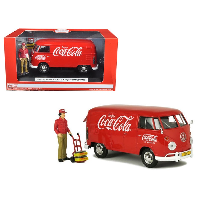 1963 Volkswagen Type 2 (T1) “Coca-Cola” Cargo Van with Delivery Driver Figurine with Handcart and Two Bottle Cases 1/24 Diecast Model Car by Motorcity Classics