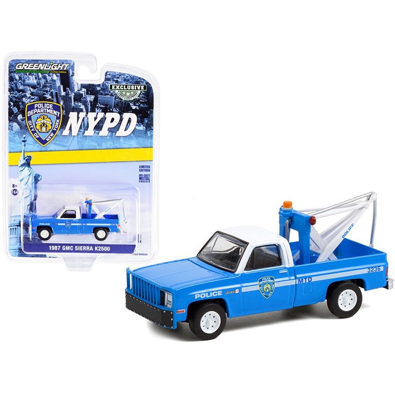 1987 GMC Sierra K2500 Tow Truck with Drop in Tow Hook Blue with White Top “New York City Police Dept” (NYPD) “Hobby Exclusive” 1/64 Diecast Model Car by Greenlight