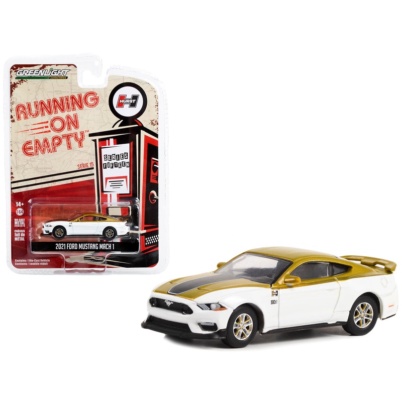2021 Ford Mustang Mach 1 White and Gold with Black Stripe “Hurst Performance” “Running on Empty” Series 15 1/64 Diecast Model Car by Greenlight