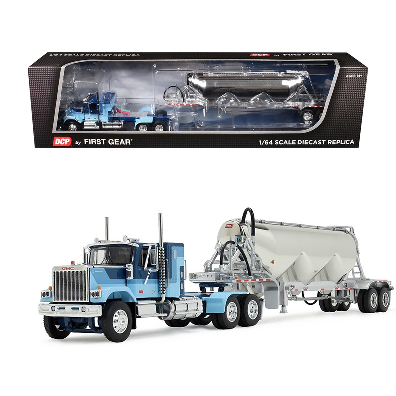 GMC General with 34″ Flat Top Sleeper and Heil Pneumatic Tank Trailer Blue with Stripes 1/64 Diecast Model by DCP/First Gear