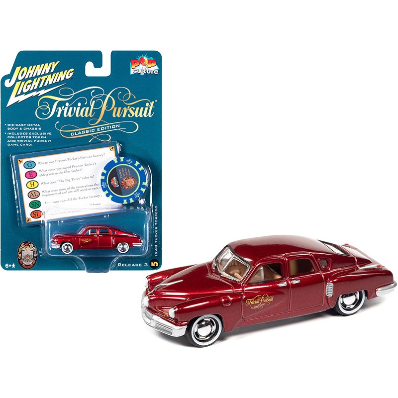 1948 Tucker Torpedo Red Maroon Metallic “Tucker: The Man and His Dream” (1988) Movie with Poker Chip (Collector Token) and Game Card “Trivial Pursuit” “Pop Culture” Series 3 1/64 Diecast Model Car by Johnny Lightning