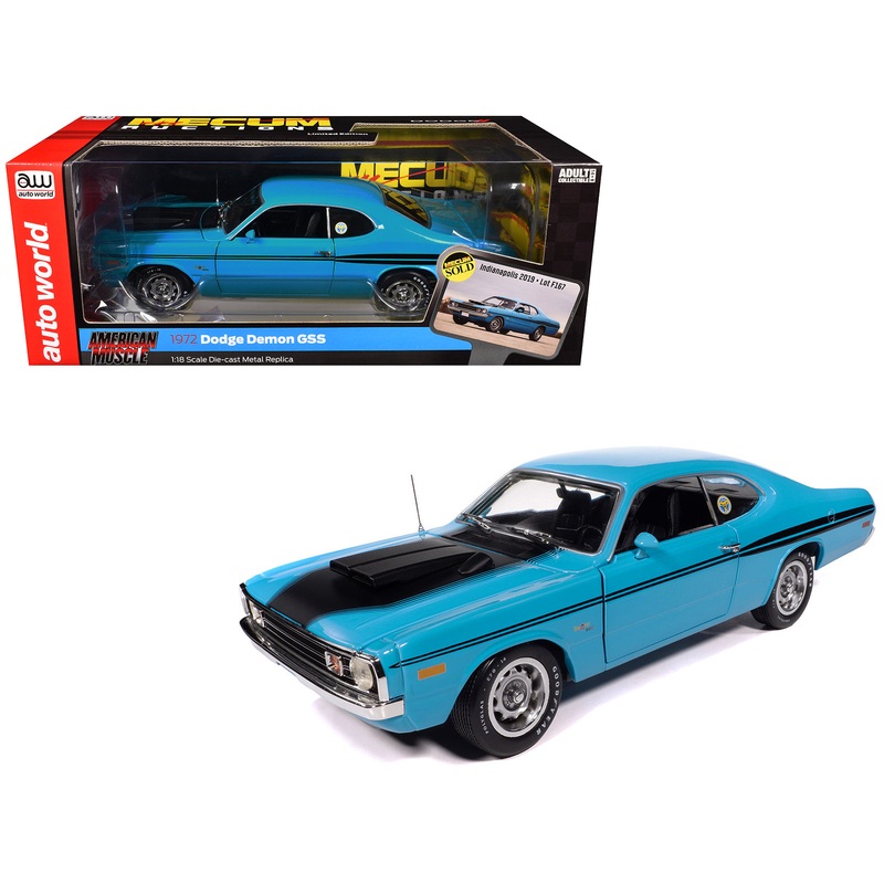 1972 Dodge Demon GSS “Mecum Auctions” Petty Blue with Black Stripes “American Muscle” Series 1/18 Diecast Model Car by Auto World