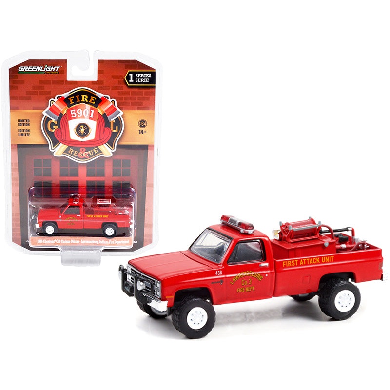 1986 Chevrolet C20 Custom Deluxe Pickup Truck Red First Attack Unit Fire Equipment and Hose and Tank “Lawrenceburg Fire Department” (Indiana) “Fire & Rescue” Series 1 1/64 Diecast Model Car by Greenlight