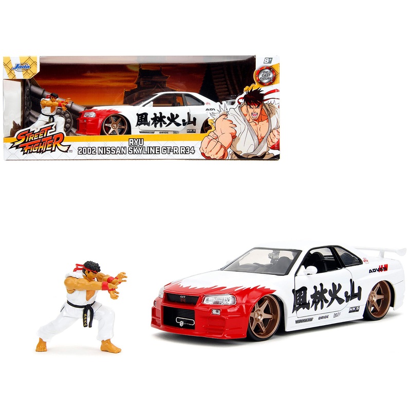 2002 Nissan Skyline GT-R (R34) RHD (Right Hand Drive) White with Red Graphics and Ryu Diecast Figure “Street Fighter” Video Game “Anime Hollywood Rides” Series 1/24 Diecast Model Car by Jada