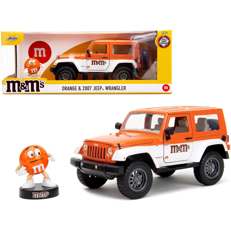 2007 Jeep Wrangler Orange Metallic and White and Orange M&M Diecast Figure “M&M’s” “Hollywood Rides” Series 1/24 Diecast Model Car by Jada
