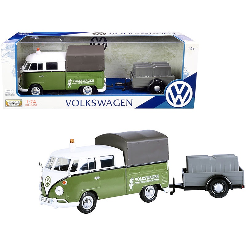 Volkswagen T1 Pickup with Canopy Green and White with Trailer “Road Service” 1/24 Diecast Model Car by Motormax