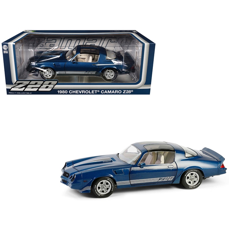 1980 Chevrolet Camaro Z28 with T-Tops Dark Blue Metallic with Stripes and Light Gray Interior 1/18 Diecast Model Car by Greenlight