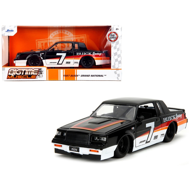 1987 Buick Grand National #7 “Buick Racing” Black and White with Stripes “Bigtime Muscle” Series 1/24 Diecast Model Car by Jada