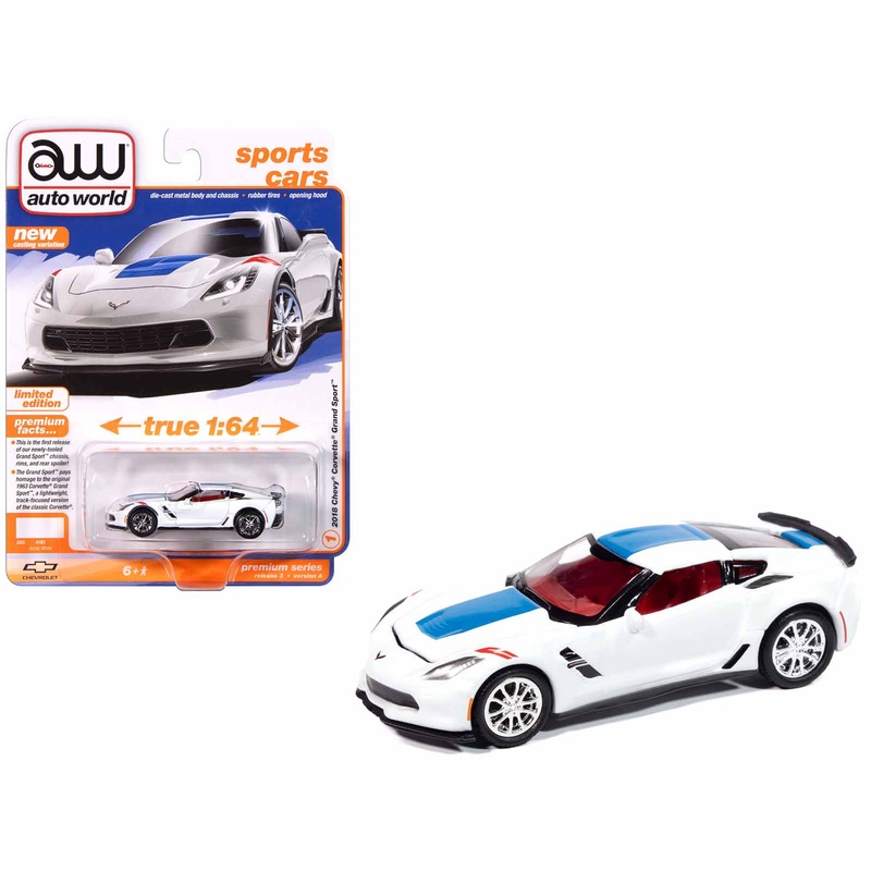 2018 Chevrolet Corvette Grand Sport Arctic White with Blue Stripe and Red Interior “Sports Cars” Series 1/64 Diecast Model Car by Auto World