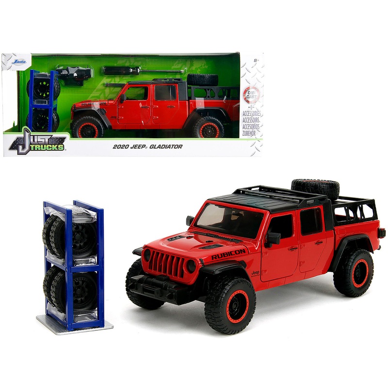 2020 Jeep Gladiator Rubicon Pickup Truck Red with Black Top and Extra Wheels “Just Trucks” Series 1/24 Diecast Model Car by Jada