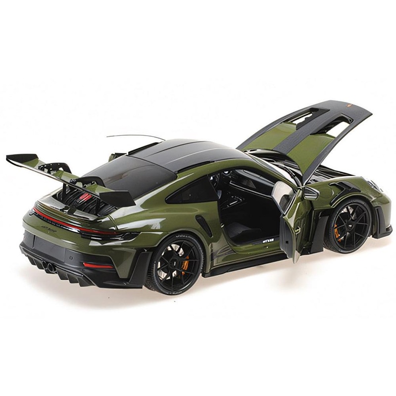 2024 Porsche 911 GT3 RS Nato Olive with Carbon Top and Hood Stripes Limited Edition to 400 pieces Worldwide 1/18 Diecast Model Car by Minichamps