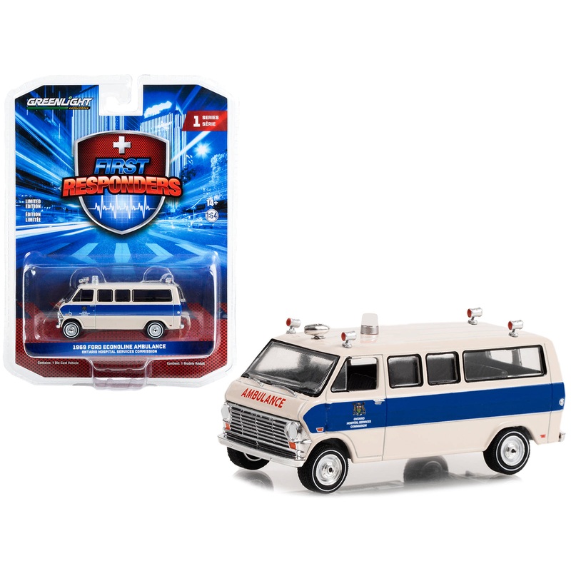 1969 Ford Econoline Ambulance Beige with Blue Stripes “Ontario Hospital Services Commission Ontario Canada” “First Responders” Series 1 1/64 Diecast Model Car by Greenlight