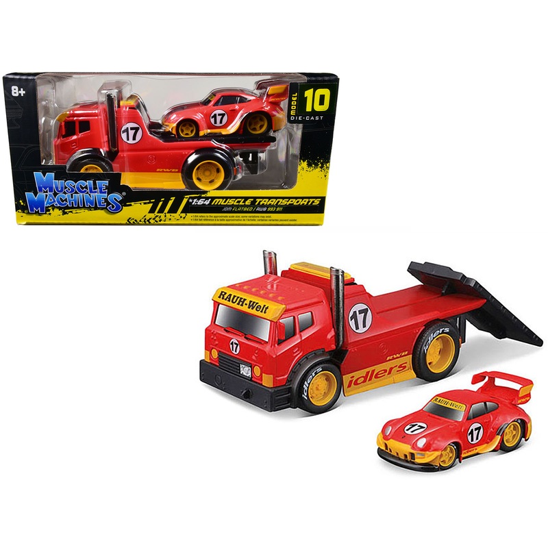 JDM Flatbed Truck #17 Red “RAUH-Welt BEGRIFF” and Porsche RWB 911 993 #17 Red “Muscle Transports” Series 1/64 Diecast Model Cars by Muscle Machines