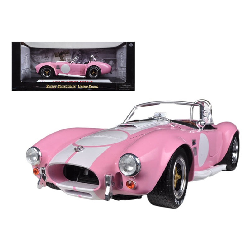 1965 Shelby Cobra 427 S/C Pink with White Stripes with Printed Carroll Shelby Signature’s on the Trunk 1/18 Diecast Model Car by Shelby Collectibles