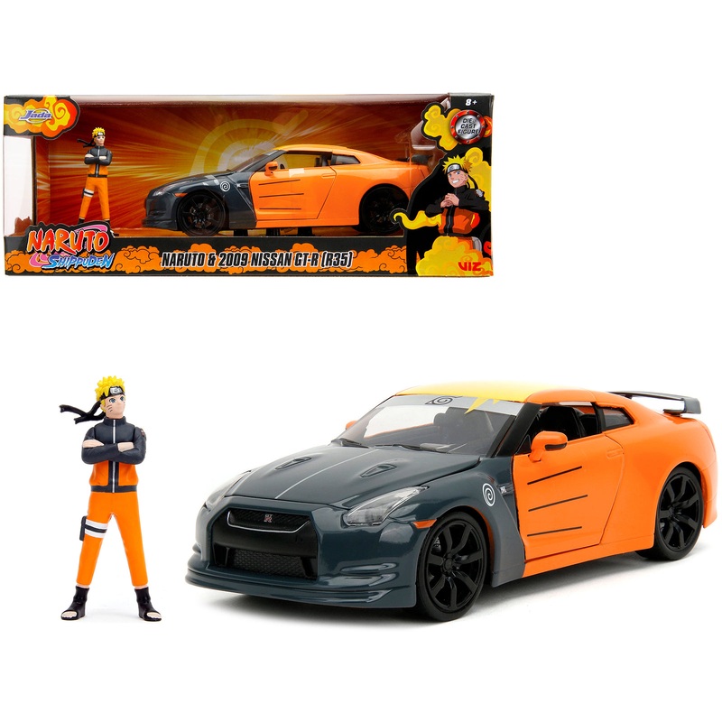 2009 Nissan GT-R (R35) Orange and Dark Gray with Yellow Top and Graphics and Naruto Diecast Figure “Naruto Shippuden” (2009-2017) TV Series “Anime Hollywood Rides” Series 1/24 Diecast Model Car by Jada