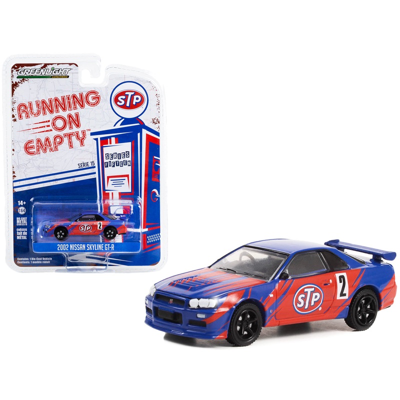 2002 Nissan Skyline GT-R (R34) #2 Blue with Red Graphics “STP” “Running on Empty” Series 15 1/64 Diecast Model Car by Greenlight