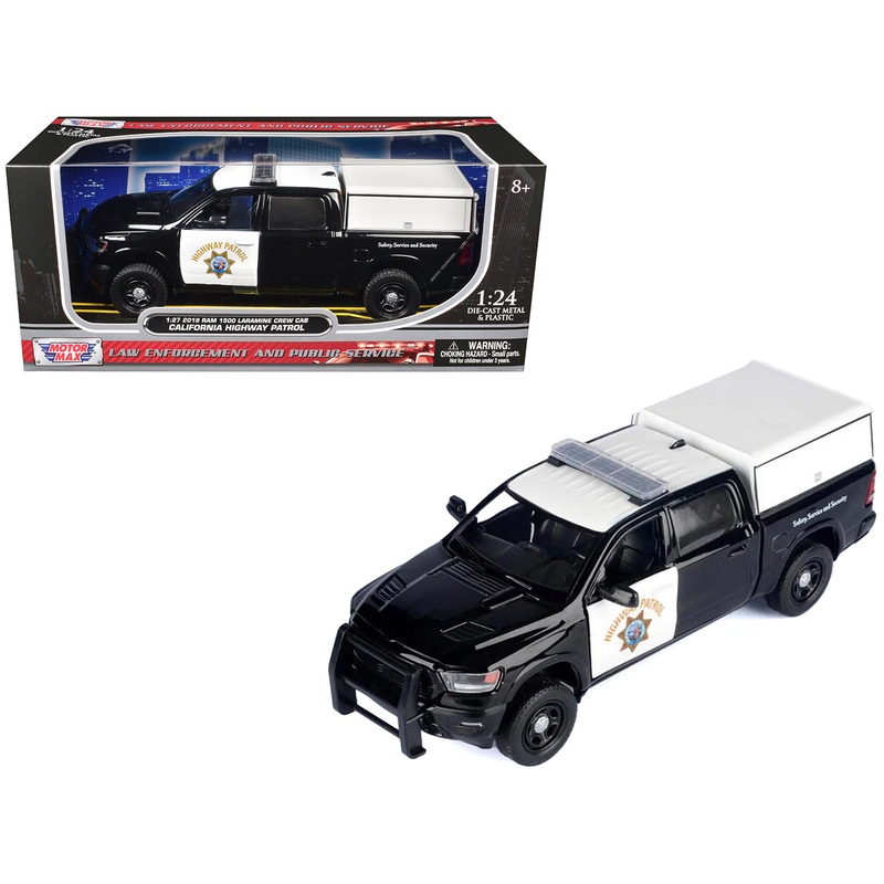 2019 RAM 1500 Laramine Crew Cab Pickup Truck “California Highway Patrol” Black and White with Truck Bed Camper “Law Enforcement and Public Service” Series 1/27 Diecast Model Car by Motormax