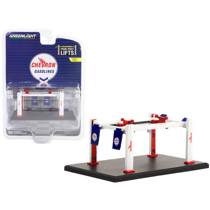 Adjustable Four-Post Lift “Chevron” White and Red “Four-Post Lifts” Series 5 1/64 Diecast Model by Greenlight