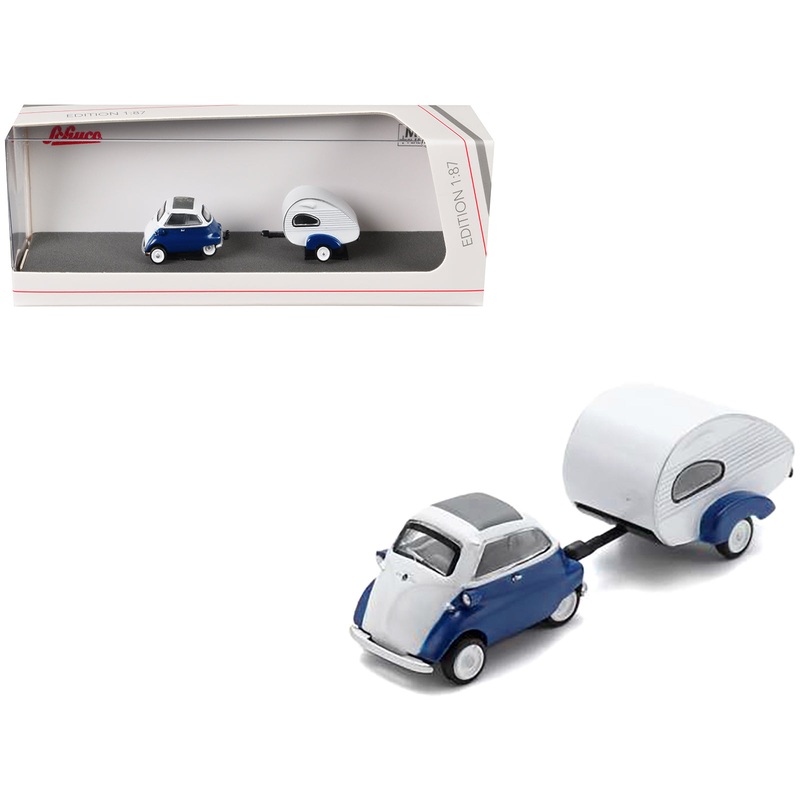 BMW Isetta Blue and White with Home Trailer 1/87 (HO) Diecast Model Car by Schuco