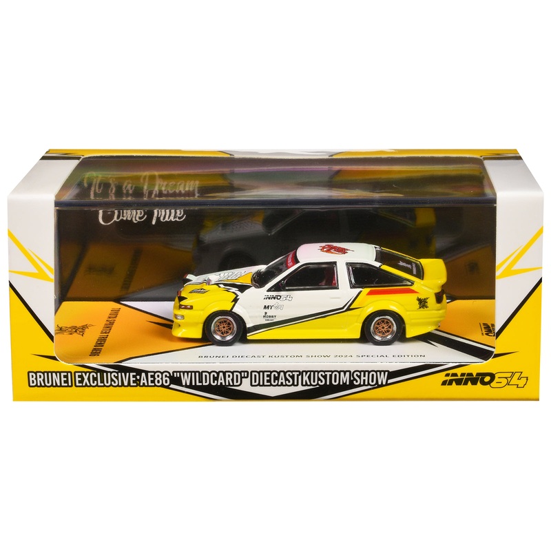 Toyota Sprinter Trueno (AE86) RHD (Right Hand Drive) “Brunei Diecast Kustom Show 2024” White and Yellow with Graphics 1/64 Diecast Model Car by Inno Models