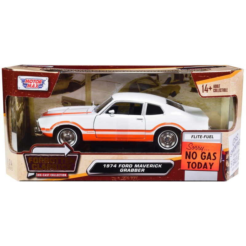 1974 Ford Maverick Grabber White with Orange Stripes “Forgotten Classics” Series 1/24 Diecast Model Car by Motormax