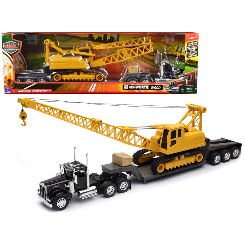 Kenworth W900 Truck with Lowboy Trailer Black and Crane Yellow “Long Haul Trucker” Series 1/32 Diecast Model by New Ray