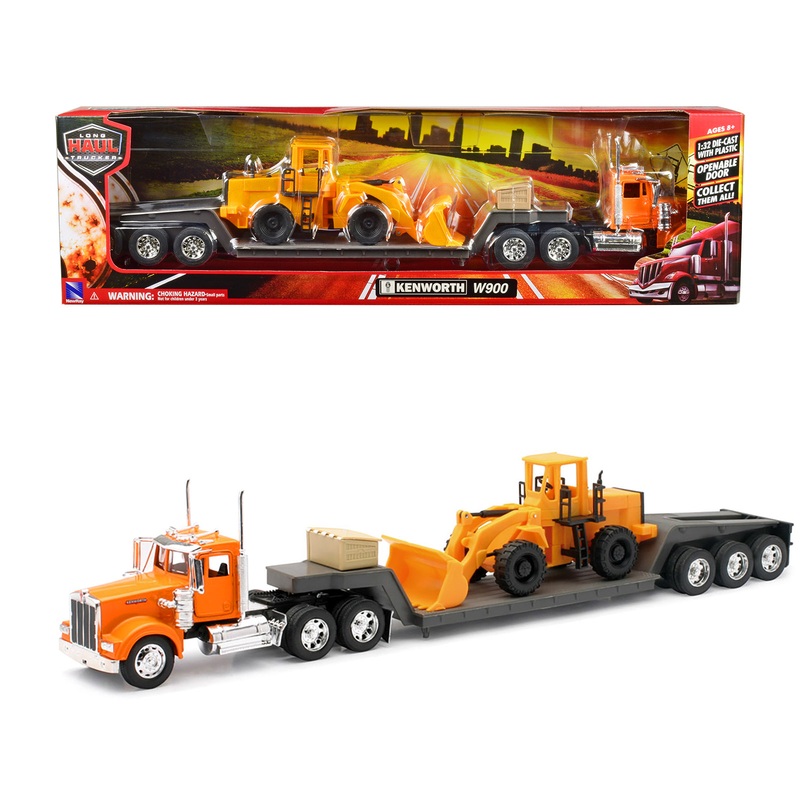 Kenworth W900 Truck with Lowboy Trailer Orange and Wheel Loader Yellow “Long Haul Trucker” Series 1/32 Diecast Model by New Ray