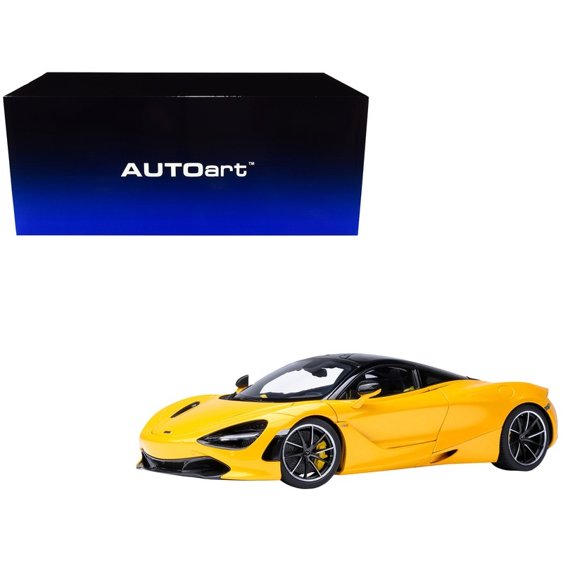 McLaren 720S Volcano Yellow with Black Top and Carbon Accents 1/18 Model Car by Autoart