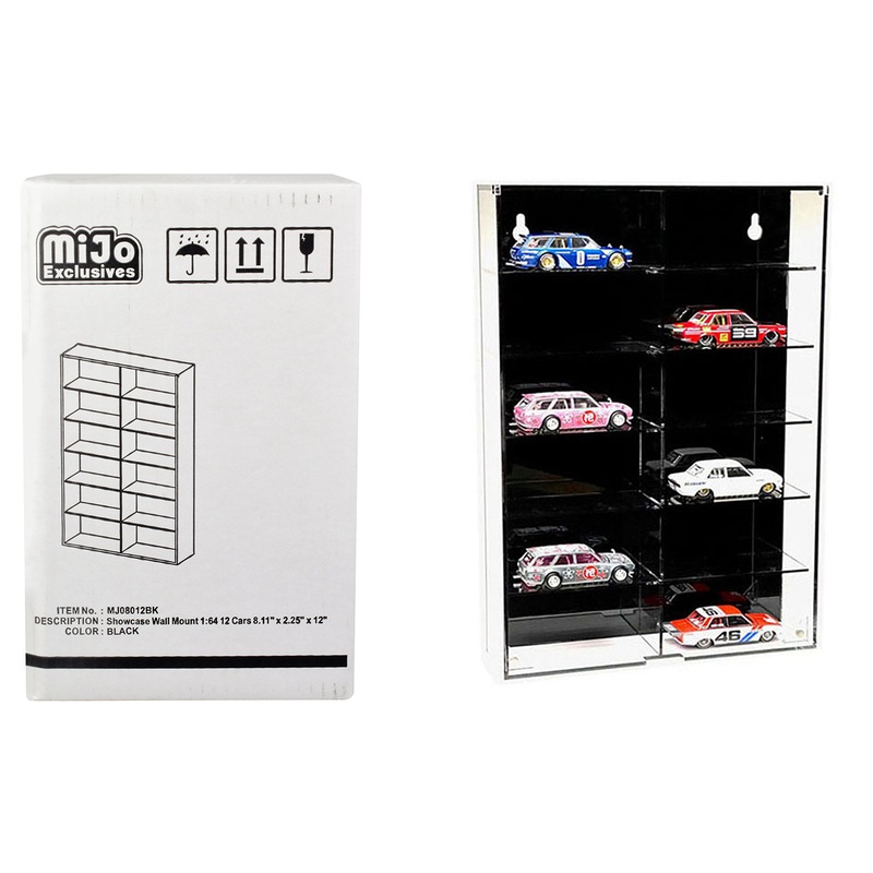 Showcase 12 Car Display Case Wall Mount with Black Back Panel “Mijo Exclusives” for 1/64 Scale Models