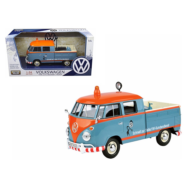 Volkswagen Type 2 (T1) Delivery Service Pickup Truck Blue and Orange “VW-Kundendienst” 1/24 Diecast Model Car by Motormax