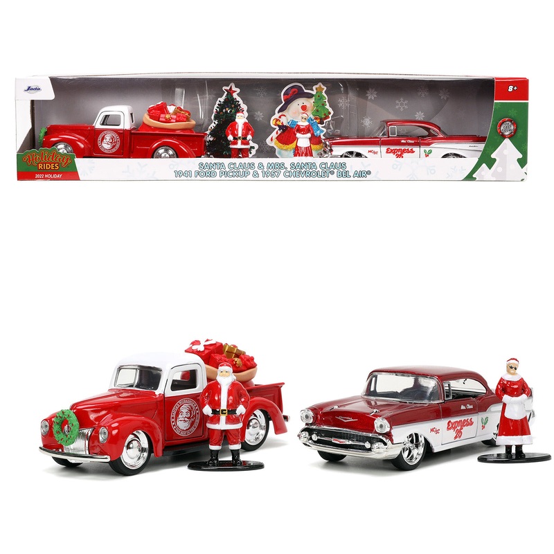 1941 Ford Pickup Truck Red and White “Santa’s Workshop” and 1957 Chevrolet Bel Air Red Metallic and White “Express 25” with Mr. and Mrs. Santa Claus Diecast Figures “Holiday Rides” Series 1/32 Diecast Model Cars by Jada