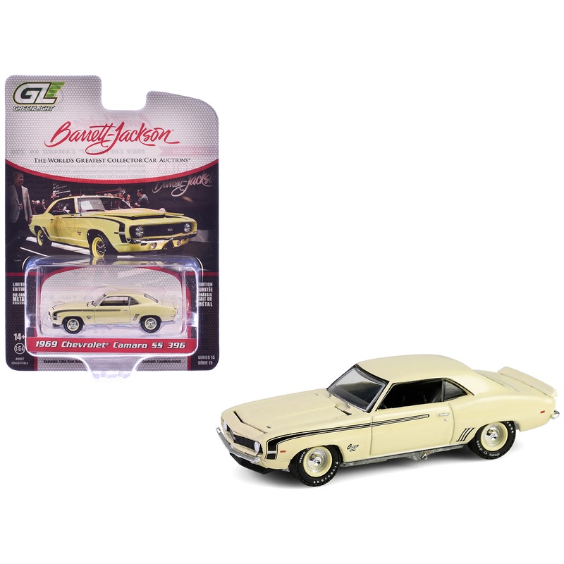1969 Chevrolet Camaro SS 396 Butternut Yellow with Black Stripes “Barrett-Jackson” Series 15 1/64 Diecast Model Car by Greenlight