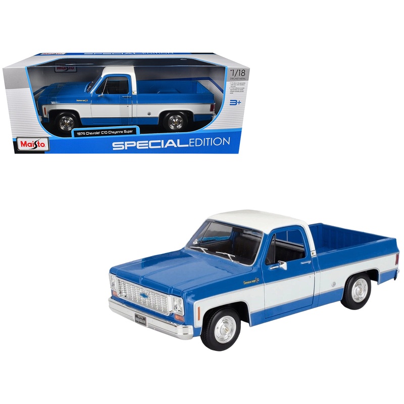 1974 Chevrolet C10 Cheyenne Super Pickup Truck Blue and White “Special Edition” Series 1/18 Diecast Model Car by Maisto