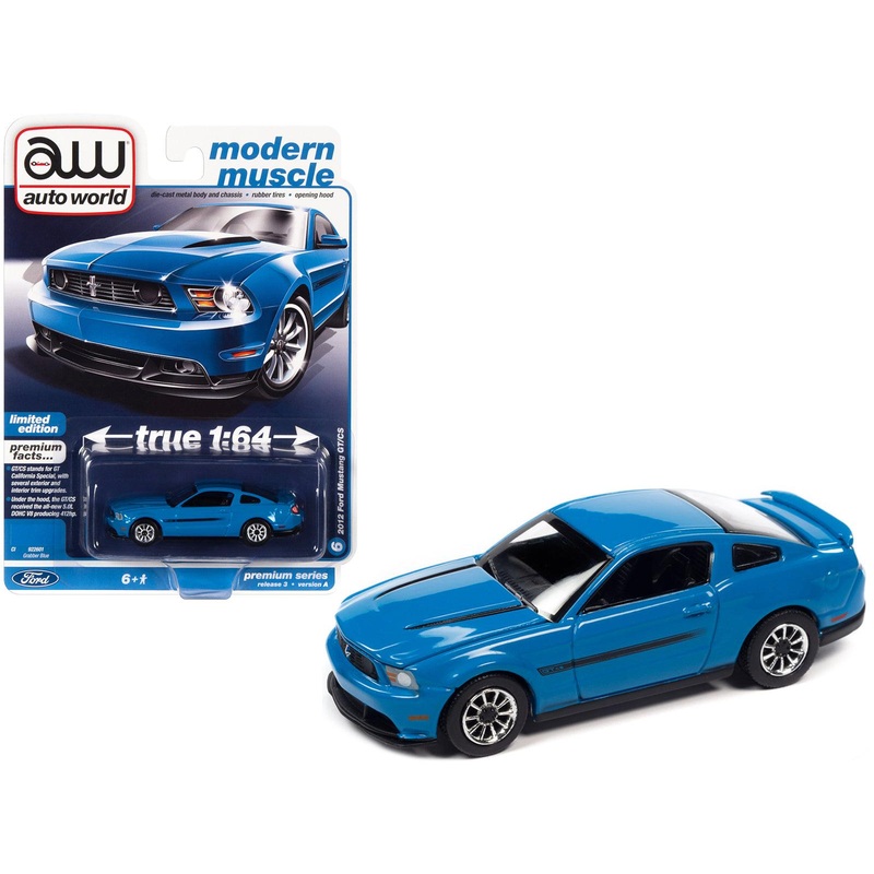 2012 Ford Mustang GT/CS Grabber Blue with Black Stripes “Modern Muscle” Limited Edition 1/64 Diecast Model Car by Auto World