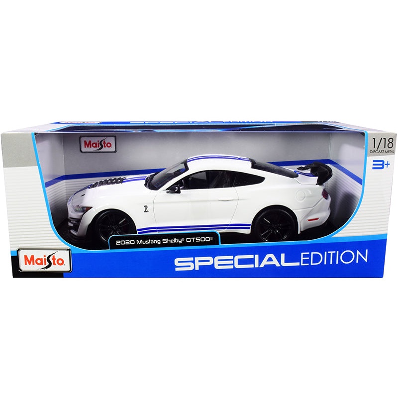 2020 Ford Mustang Shelby GT500 White with Blue Stripes “Special Edition” 1/18 Diecast Model Car by Maisto