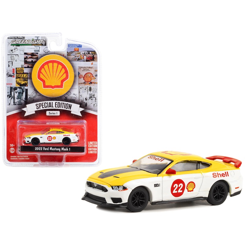 2022 Ford Mustang Mach 1 #22 Yellow and White “Shell Racing” “Shell Oil Special Edition” Series 1 1/64 Diecast Model Car by Greenlight